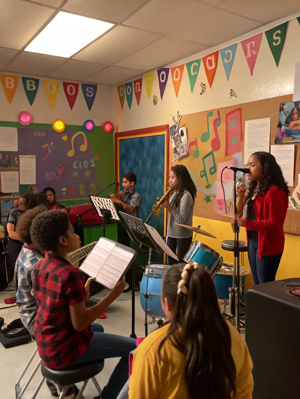 A vibrant image depicting a diverse group of children joyfully participating in a CAP MUSIK music workshop, surrounded by various musical instruments and enthusiastic instructors.
