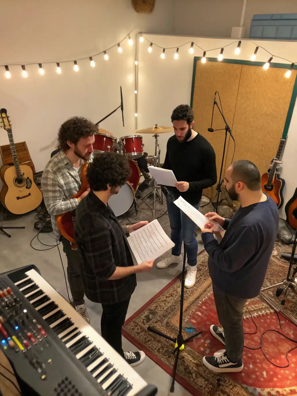 A dynamic image of teenagers engaged in a CAP MUSIK band rehearsal, showcasing their teamwork and passion for music as they play guitars, drums, and keyboards.