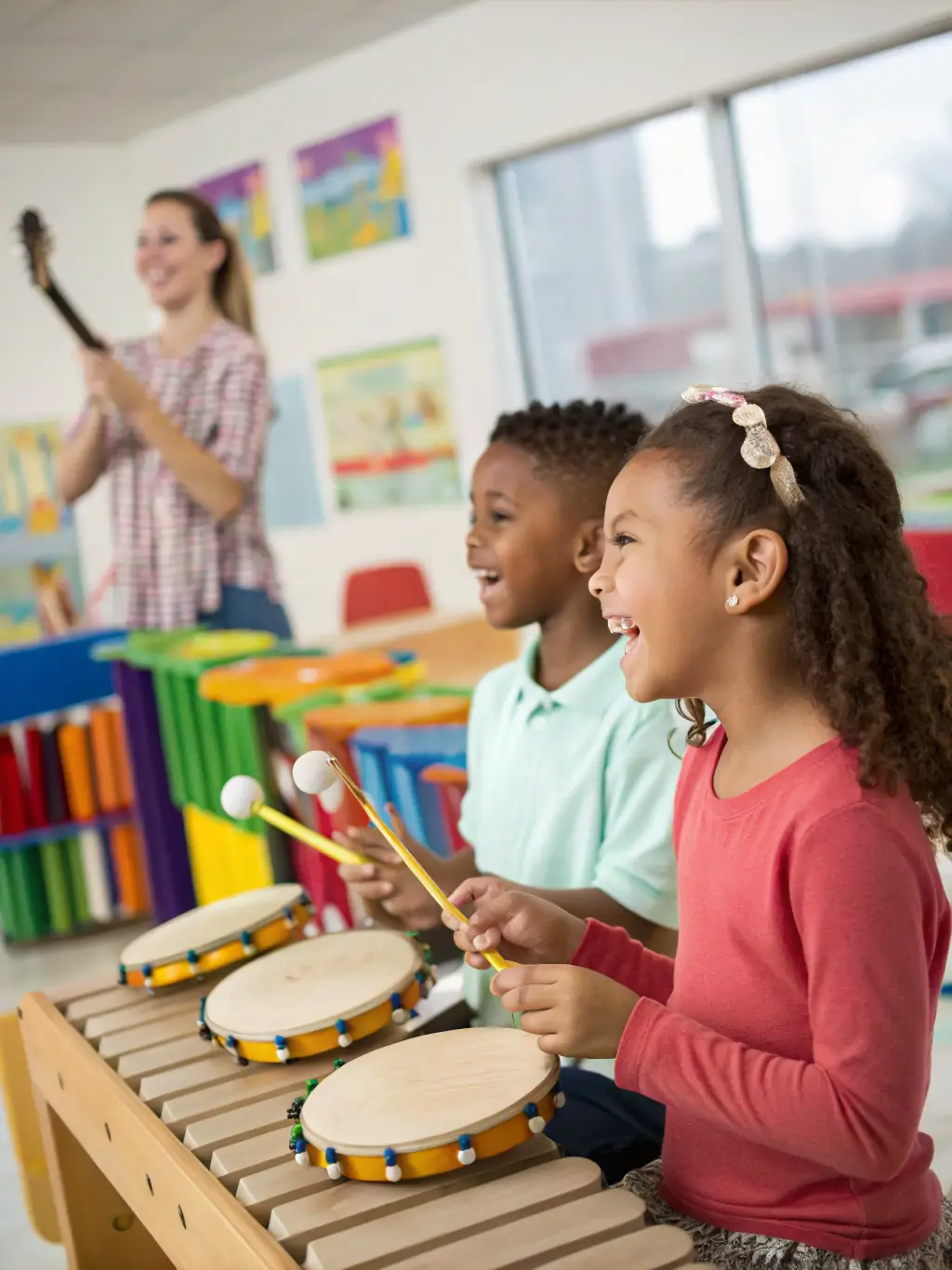 A vibrant photo of children participating in a CAP MUSIK music workshop, playing various instruments with smiles and enthusiasm, set against a colorful classroom backdrop.