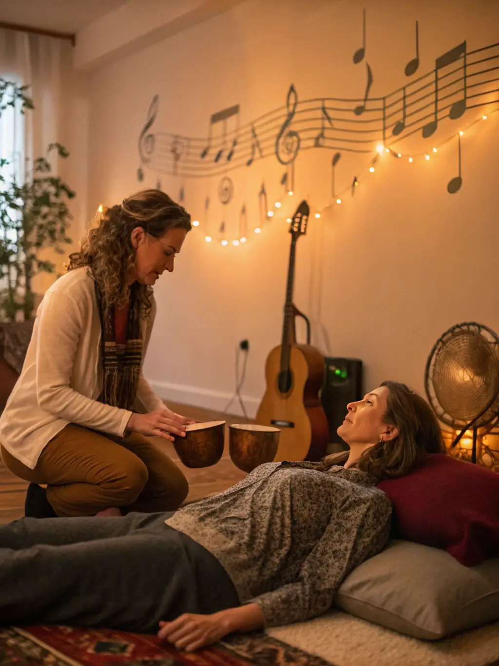 A photo of a CAP MUSIK music therapy session, showing a therapist working with individuals to improve their well-being through music and creative expression.